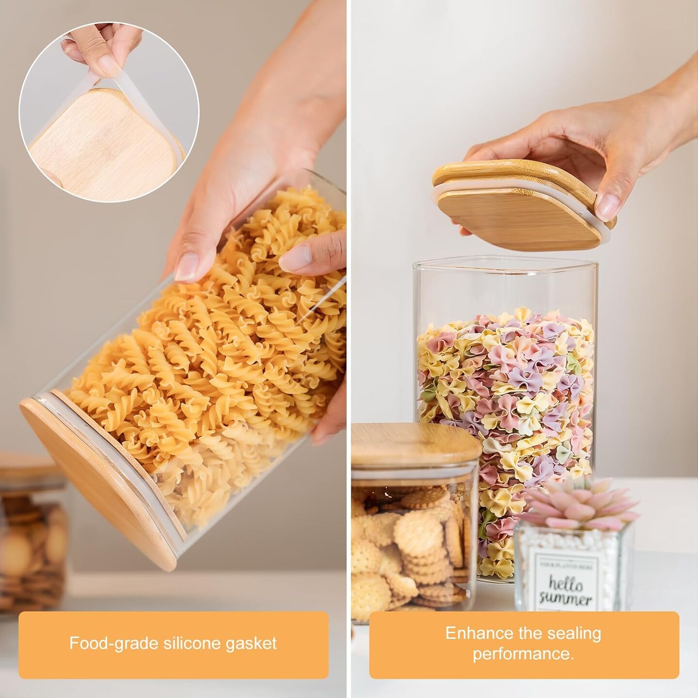 Glass Storage Jars 6 Pack 37oz Clear Glass Food Storage Containers with Airtight Bamboo Lid Stackable Kitchen Canisters for Candy,Cookie,Rice,Sugar,Flour,Pasta,Nuts and Spice Jars(Square)