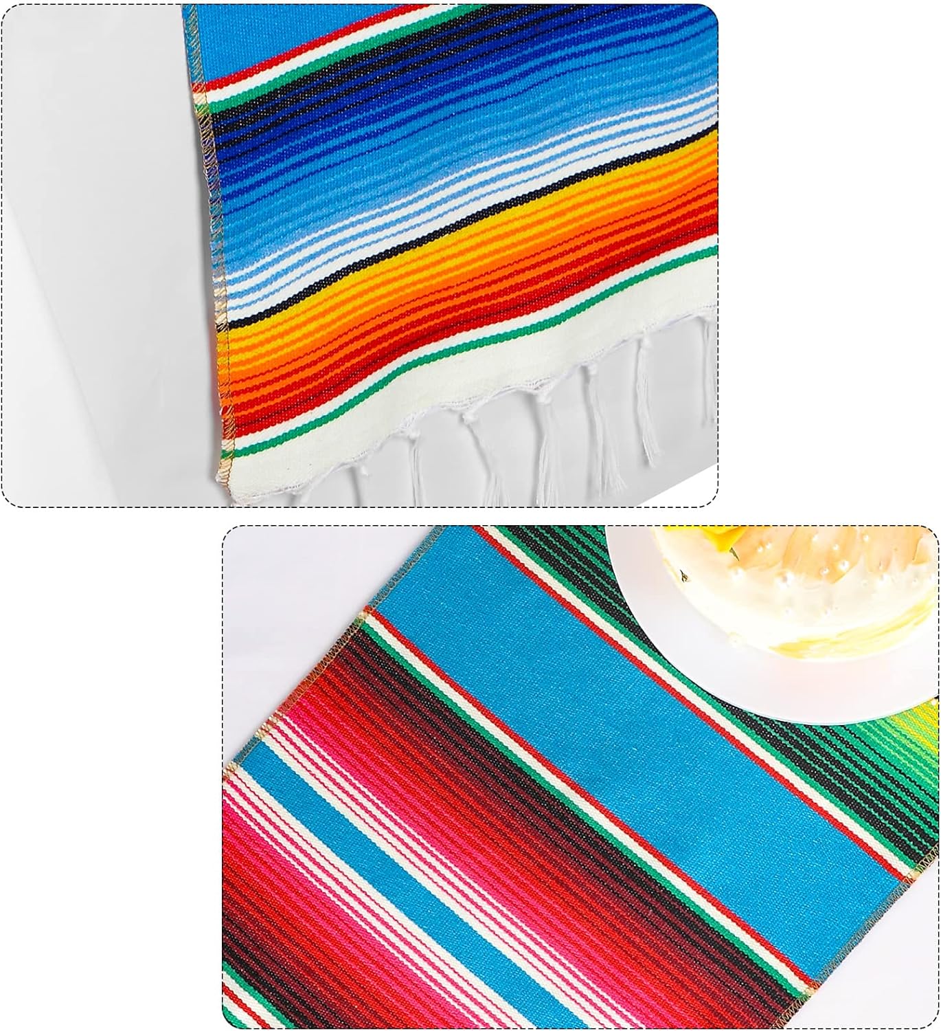 2 Pcs Mexican Fiesta Tablecloth 54 x 108&#x27;&#x27; with Table Runners 13.5 x 108 Fabric Rectangle Cotton Blanket Polyester Striped Cover for Cinco De Mayo Fiesta (White)