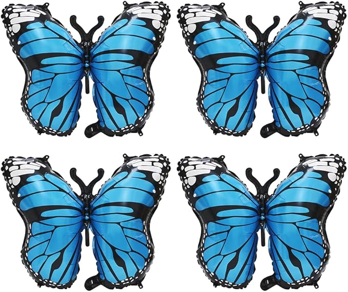 Blue Lovely 28 Inches Party Butterfly Balloon Kit, 4 Piece Aluminum Foil Mylar Helium Butterfly Balloons for Butterfly Themed Party, Wedding, Birthday, Baby Shower, Party Decoration Supplies