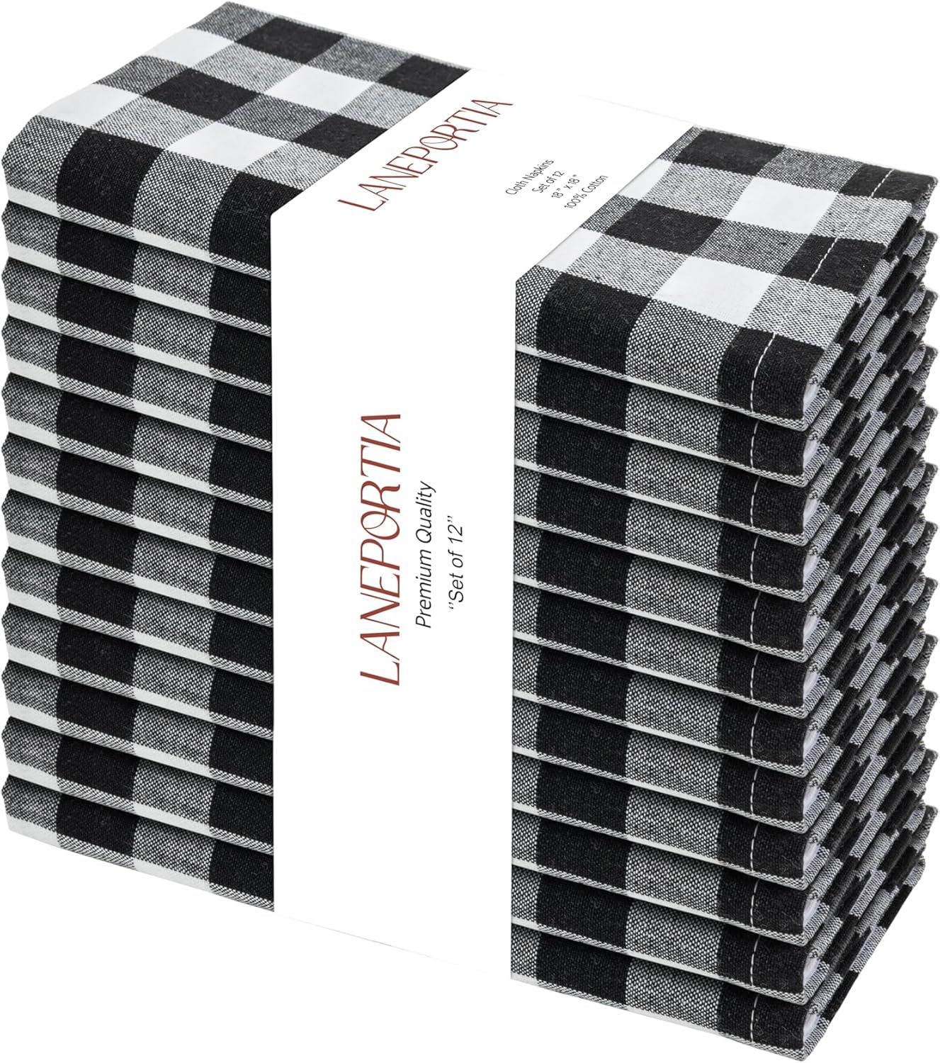 12 Pack Dinner Napkins, 18x18 Inches, Buffalo Plaid Gingham Check Cloth Napkins with Mitered Corners, 100% Cotton Hotel Quality Reusable, Washable (Black/White)