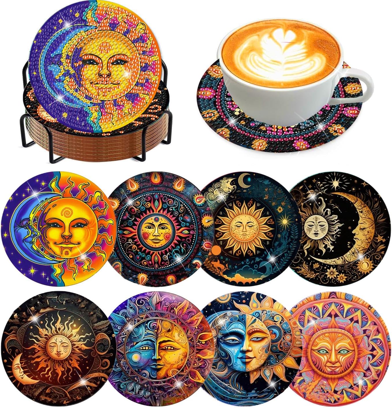 8 Pcs Diamond Art Coasters Kit for Adults - Sun and Moon Painting Set With Holder Cork Pads - DIY Dots Painting Crafts for Beginners