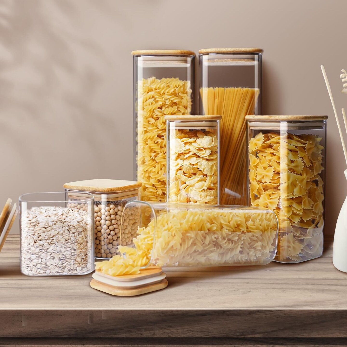 Square Glass Jars with Bamboo Lids 53 FL OZ [Set of 4], Glass Canisters with Airtight Lid, Glass Food Storage Containers for Pasta, Cereal, Coffee, Flour, Sugar, Best for Kitchen &#x26; Pantry