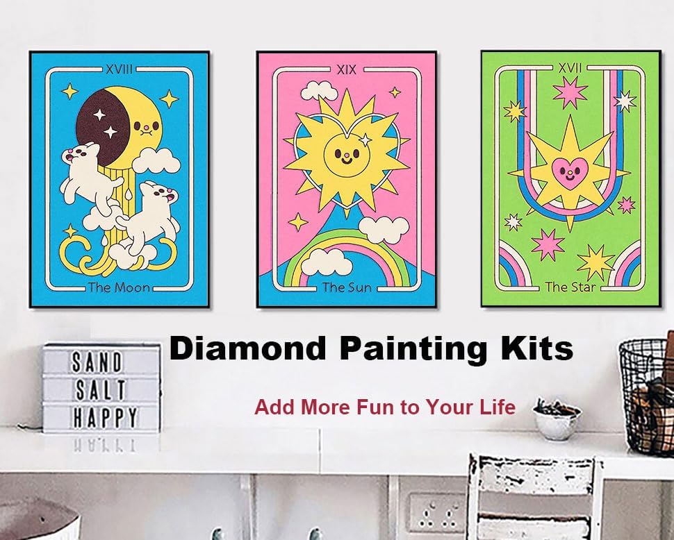 Diamond Painting Kits for Adults, 3 Pack Tarot Cards 5D Diamond Art Kits, Full Drill DIY Crafts for Adults Home Wall Decor Gift Diamond Dots Moon Sun Stars Diamond Art Kits12X16Inches