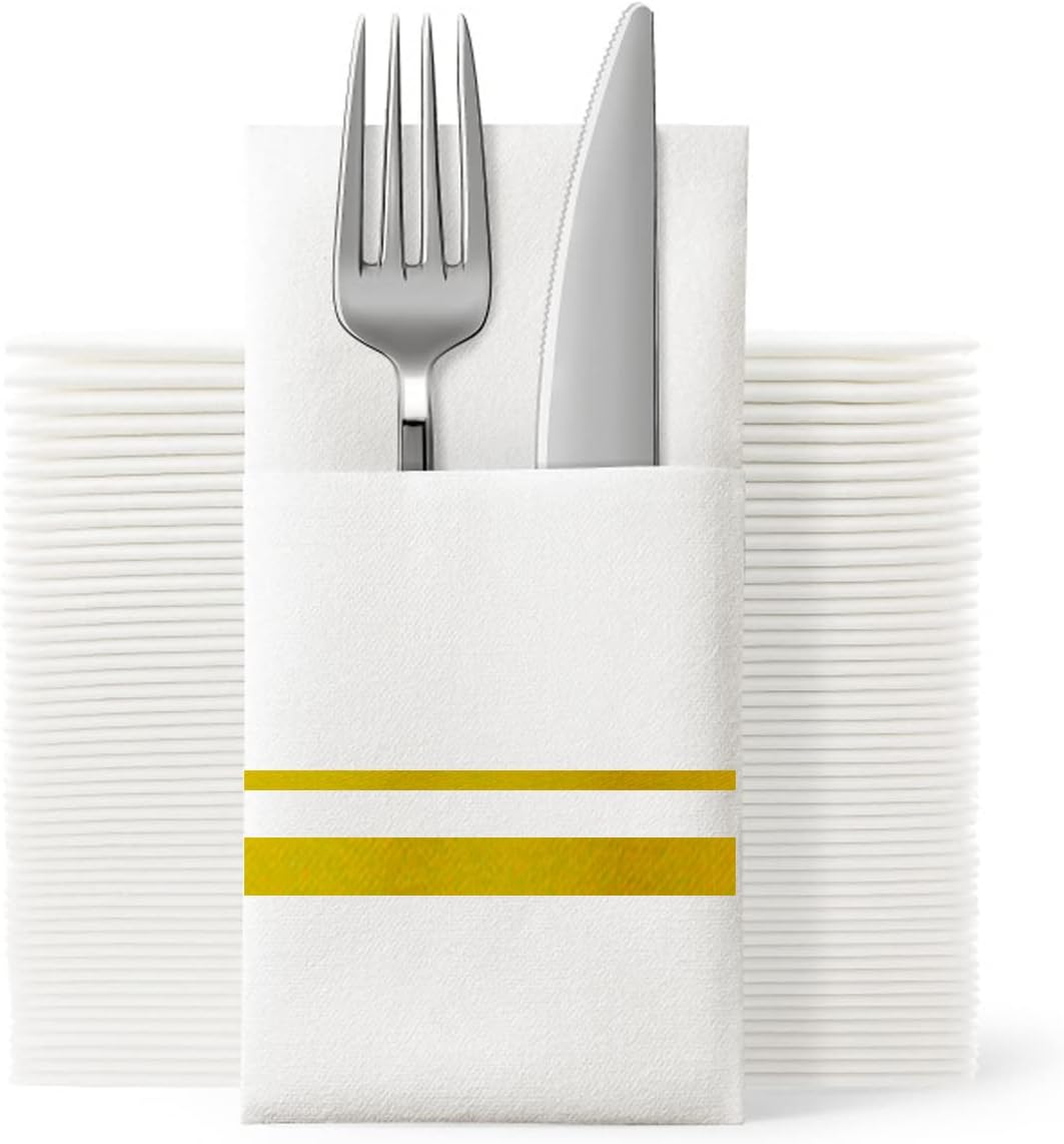 Disposable Dinner Napkins Cloth Like with Built-in Flatware Pocket,Wedding Party Linen Feel White and Golden Napkin, Prefolded for Silverware, 50 Counts