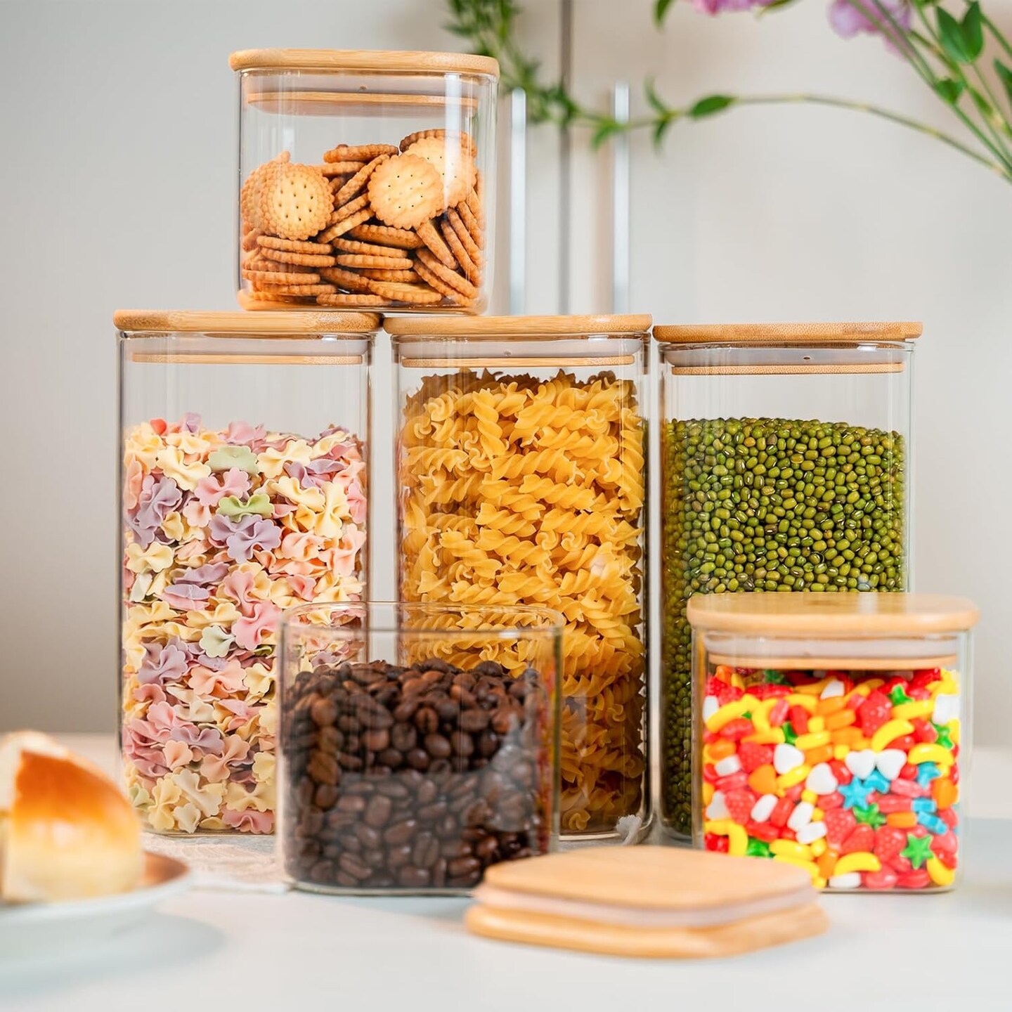 Glass Storage Jars 6 Pack 37oz Clear Glass Food Storage Containers with Airtight Bamboo Lid Stackable Kitchen Canisters for Candy,Cookie,Rice,Sugar,Flour,Pasta,Nuts and Spice Jars(Square)