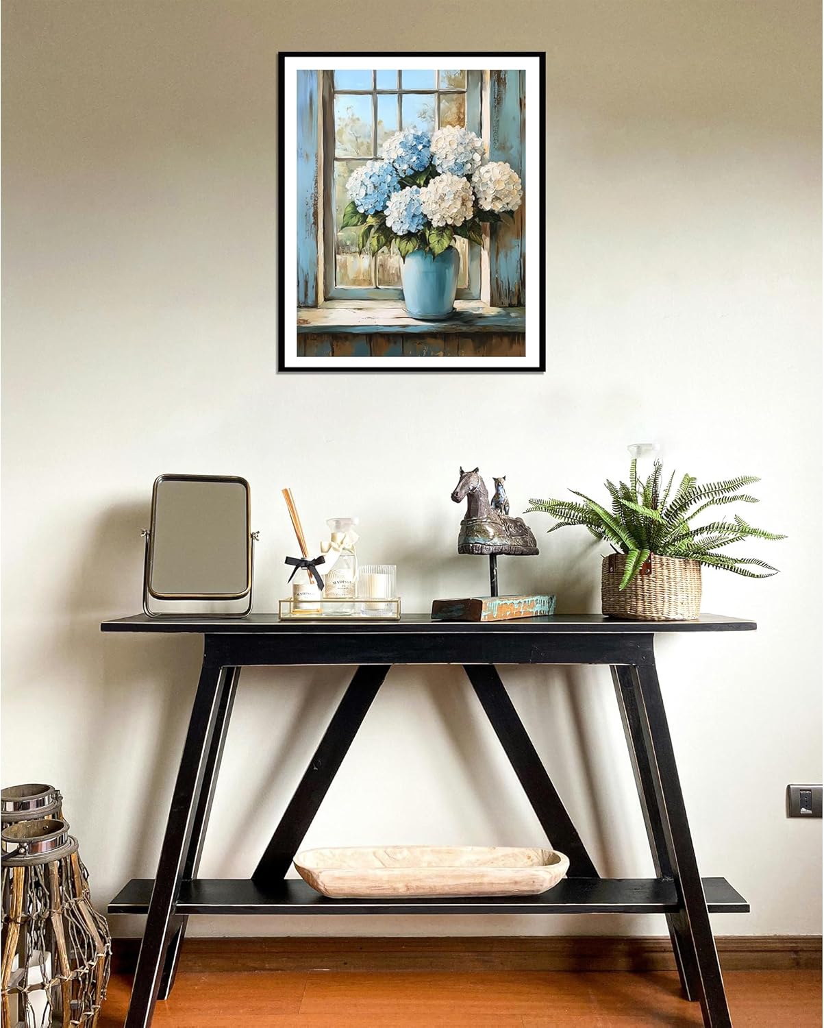 Hydrangeas Paint by Number, Rustic Window Blue Flowers Paint by Numbers for Adults,Easy Acrylic Adults Beginner DIY Oil Painting on Canvas for Gift, Floral Home Wall Decor