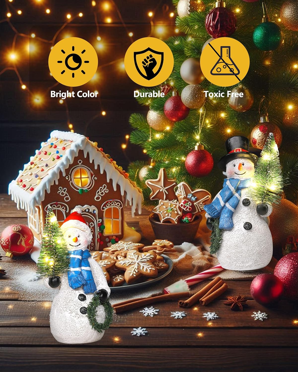 Resin Snowman Figurines with Lighted Christmas Tree Wreath