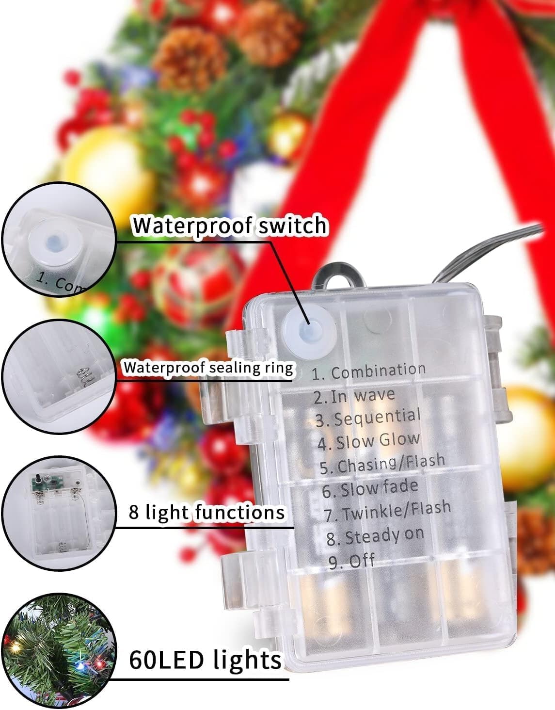 24 Inch Prelit Christmas Wreaths with 60 Lights for Front Door, Vlorart Large Lighted Christmas Wreath with Red Bow, Berries, Colored Balls, Battery Operated with Timer for Home Outdoor Decoration