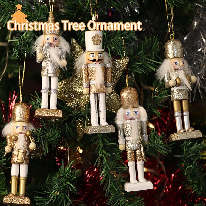 Christmas Nutcracker Ornament Set-Gold and Silver Glittered Christmas Soldier, Nutcrackers Xmas Tree Ornament Set(5.51&#x27;&#x27;, Set of 5pcs)