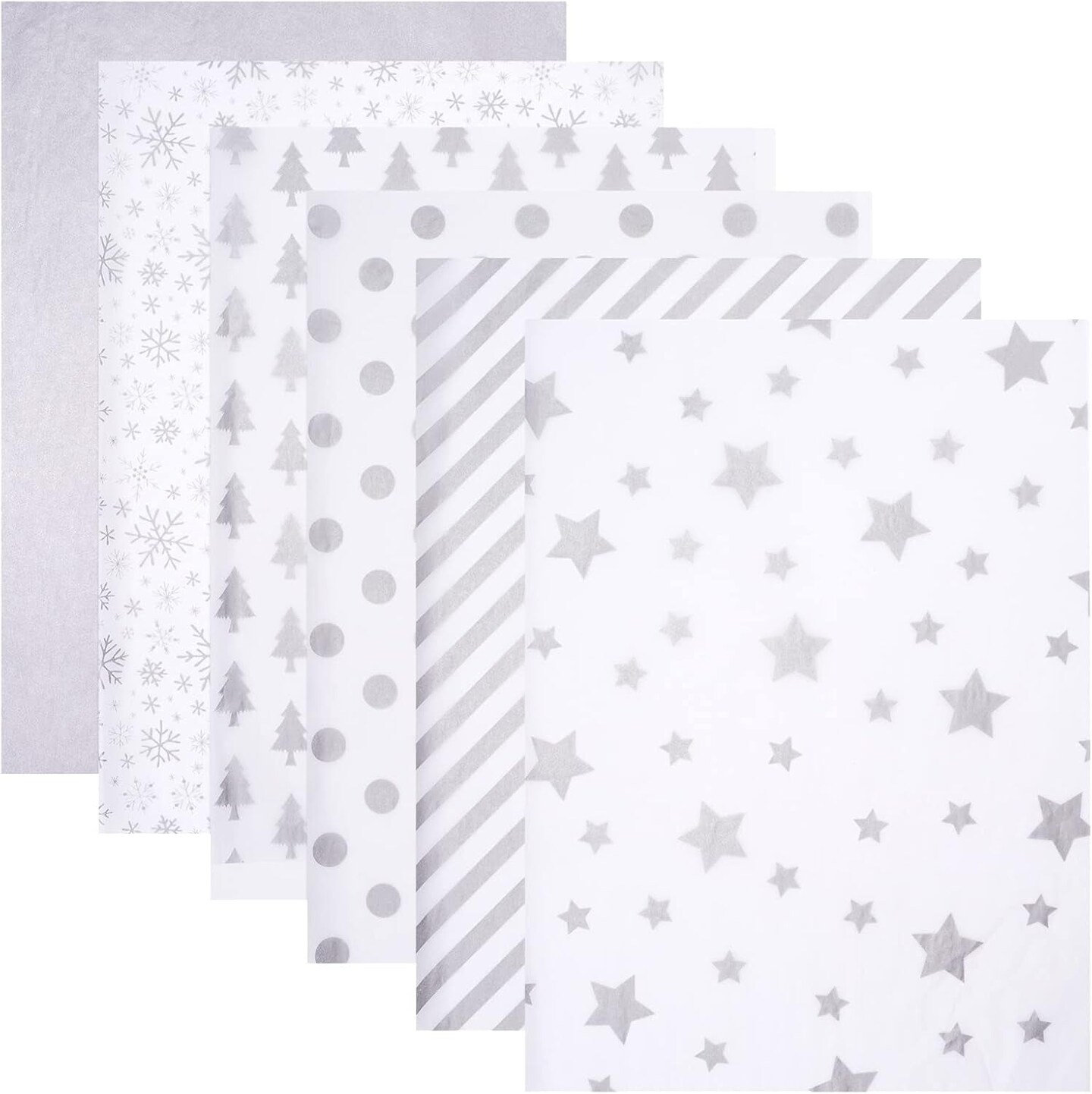 102 Sheets Silver Tissue Paper Gift Wrap Bulk, 19.5&#x22; X 13.6&#x22; Christmas Tissue Paper for Wrapping, 6 Assorted Designs Golden Stars Snow Dots for Christmas Gift Bags, DIY and Craft