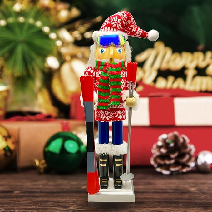 Christmas Nutcracker D&#xE9;cor Figures, 15 inches Skier Wooden Nutcracker Ornaments with Skis and Ski Poles for Kitchen Shelves Tabletop Festival Decorations Gift