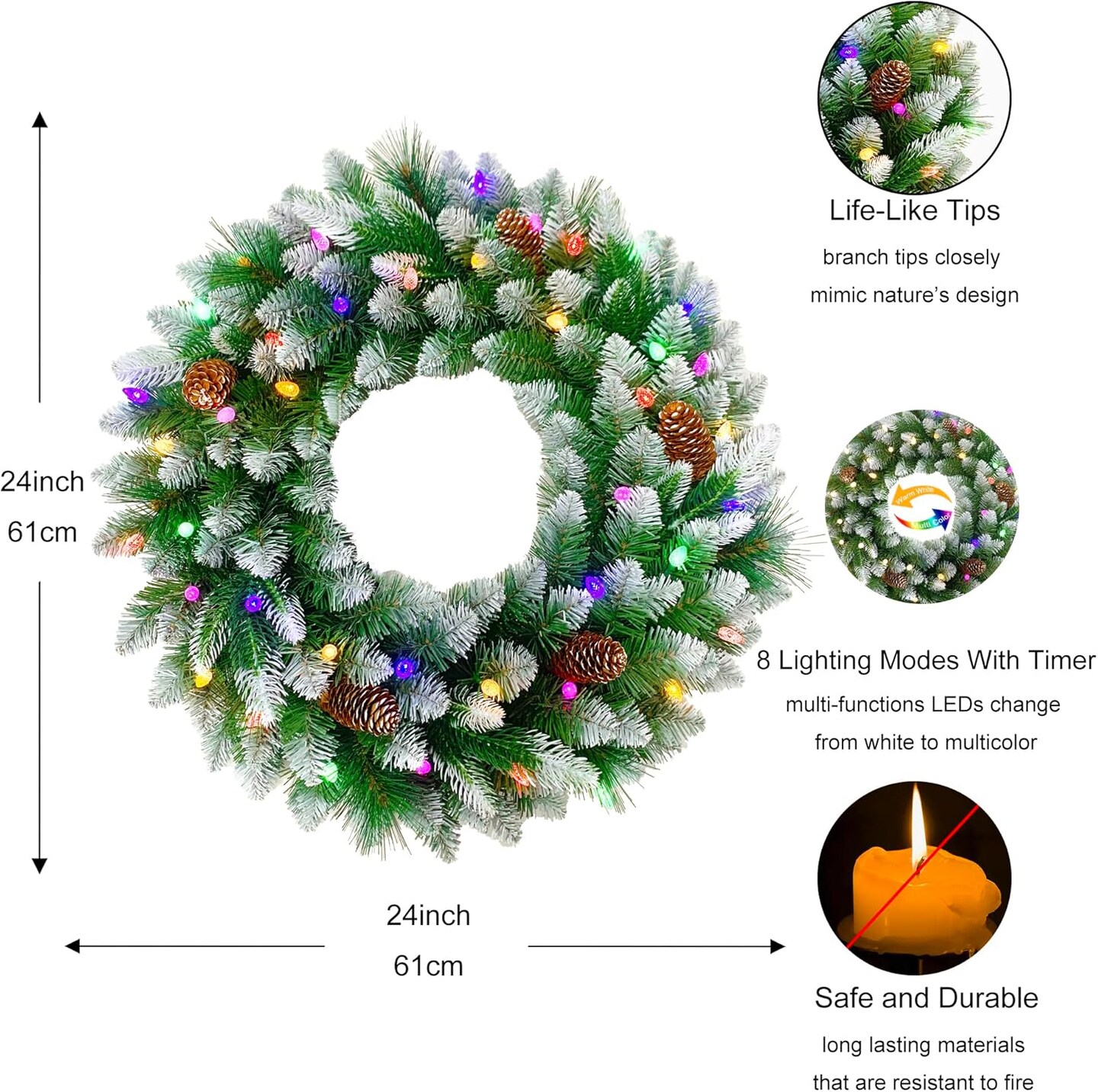 26 inches Pre-lit Snow-Kissed Artificial Christmas Wreath with Pine Cones, 40 C3 Dual-Color Multi-Functional Battery Operated LED Lights with Timer