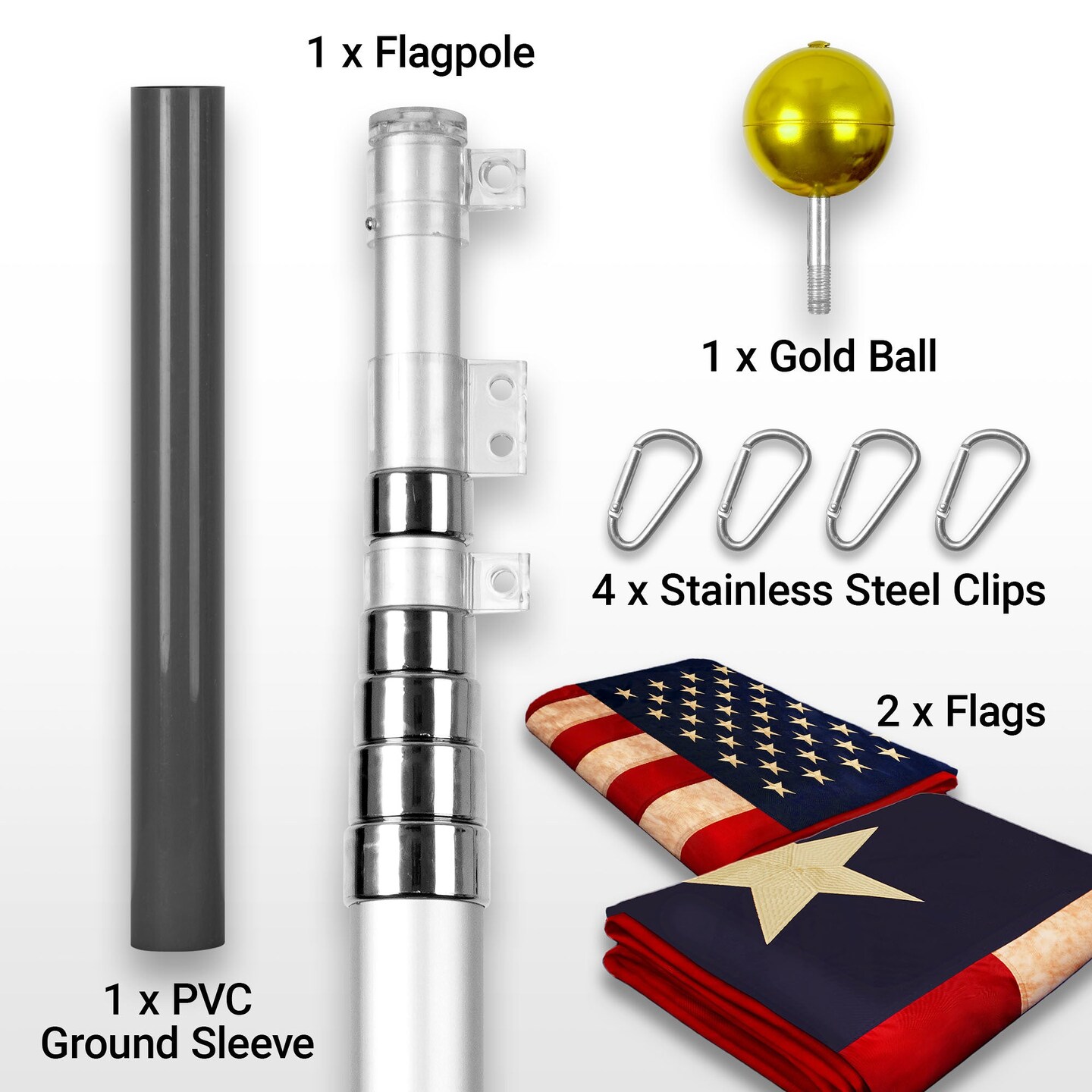 G128 Combo Pack: 25 Ft Telescoping Aluminum Flagpole (Silver) & American and Texas Tea Stained Flags 3x5 Ft, Both ToughWeave Series Embroidered Polyester | Pole with Flags Included