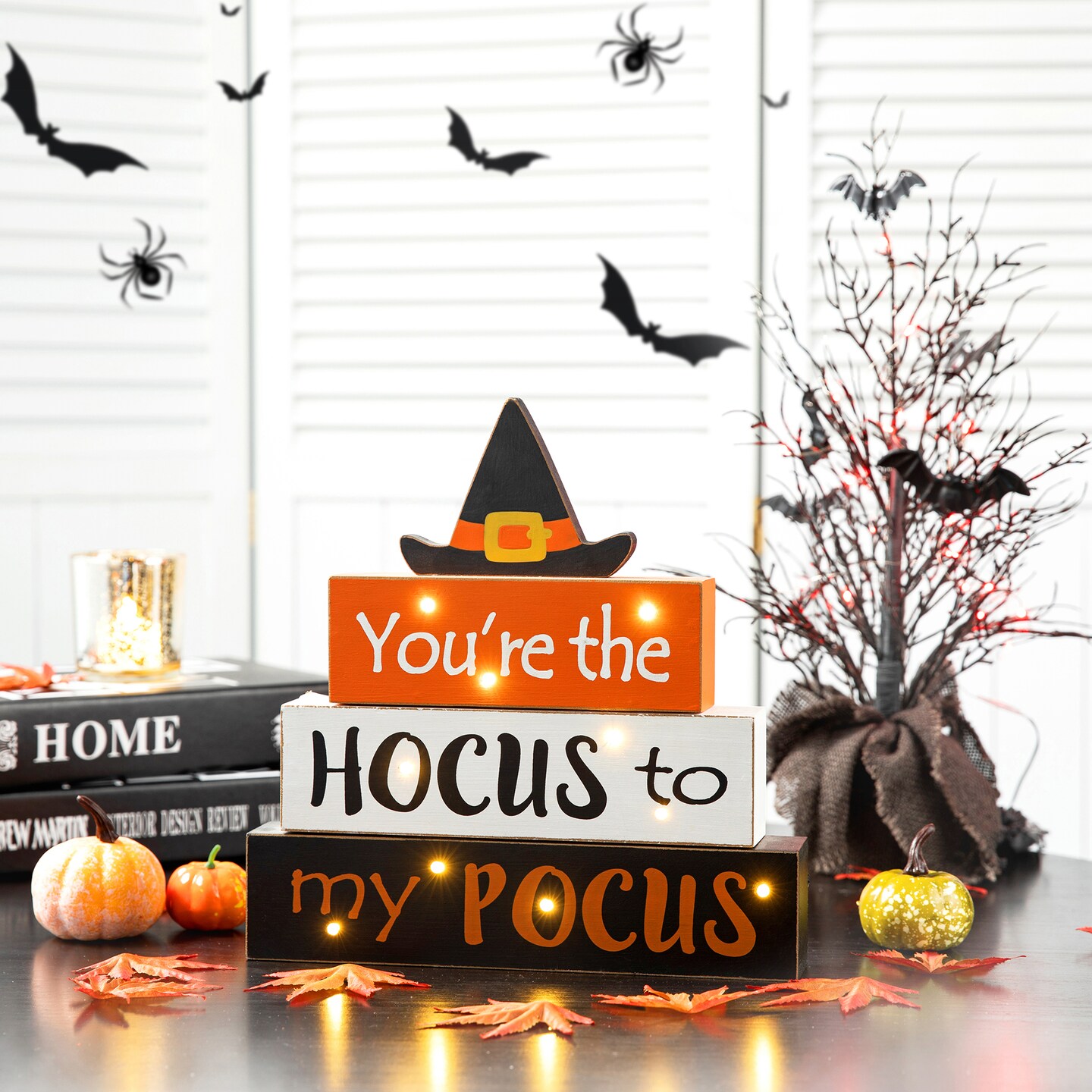 11.5"H Halloween Wooden Lighted Witch/Word Block Table Decor | Michaels