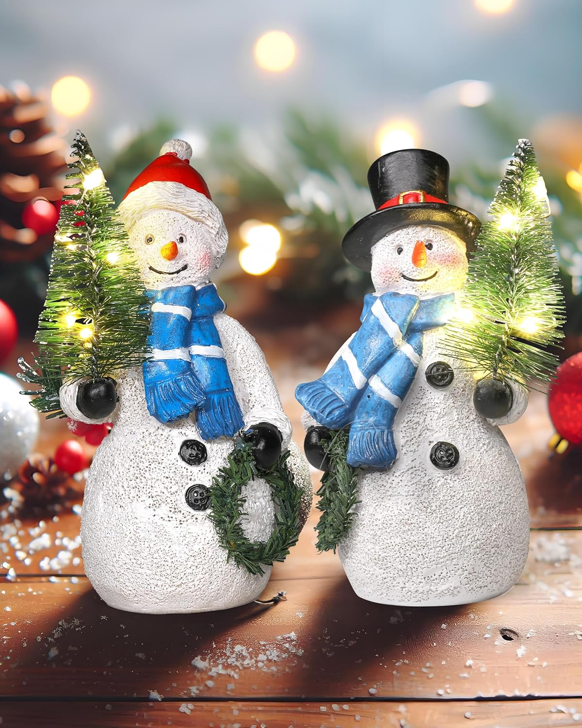 Resin Snowman Figurines with Lighted Christmas Tree Wreath