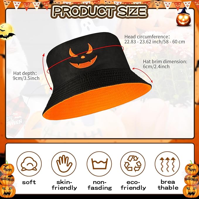 Halloween Bucket Hat for Women Pumpkin Fisherman Hat Cotton Lightweight Print Accessories for Sun Cute Men Fishing Cap Adult for Unisex Travel Orange, Black