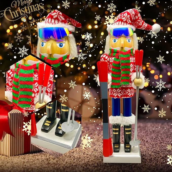 Christmas Nutcracker D&#xE9;cor Figures, 15 inches Skier Wooden Nutcracker Ornaments with Skis and Ski Poles for Kitchen Shelves Tabletop Festival Decorations Gift