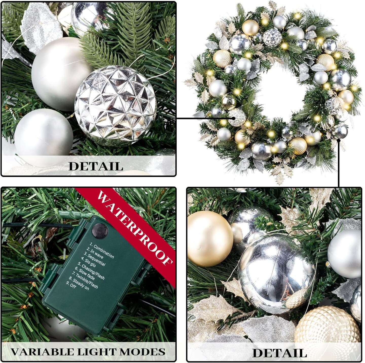 Pre-Lit 30 Inch Large Christmas Wreath for Front Door with 50 Led Lights,Champagne Gold Lighted Christmas Door Wreath Decor with Ball Ornaments, Battery Operated