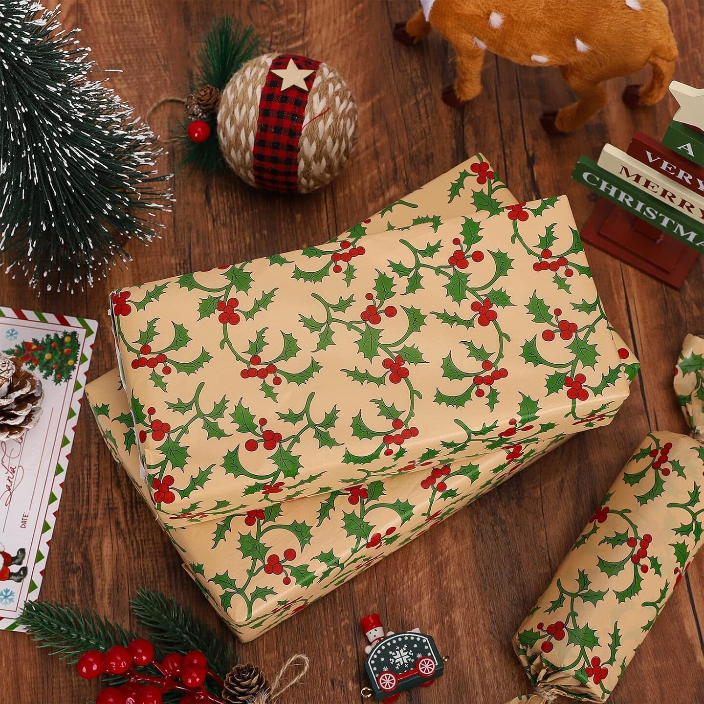 100 Sheets Christmas Tissue Paper Xmas Holy Leaves Red Berries Printed Gift Wrapping Paper Rustic Kraft Art Tissue Paper for Christmas DIY Crafts Gift Bags Winter Party Decor, 13.8 X 19.7&#x22;