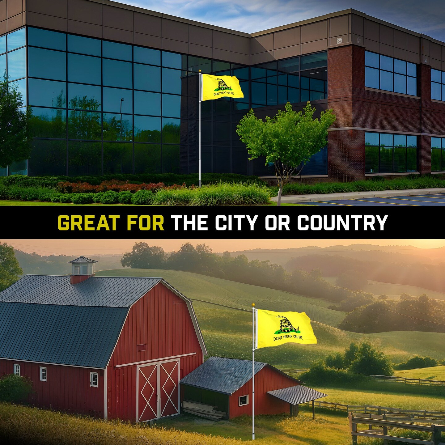 G128 Combo Pack: 16 Ft Telescoping Aluminum Flagpole (Silver) & Gadsden Don't Tread On Me Flag 3x5 Ft, StormFlyer Series Embroidered 220GSM Spun Polyester | Pole with Flag Included