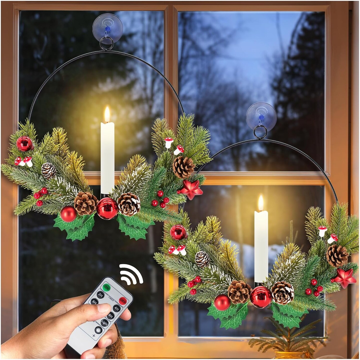 2Pack Christmas Wreaths for Front Door with LED Taper Candles, 16-inch Window Wreath Christmas with Light & Remote, Battery Operated Outdoor Winter Ornaments Christmas Decorations.