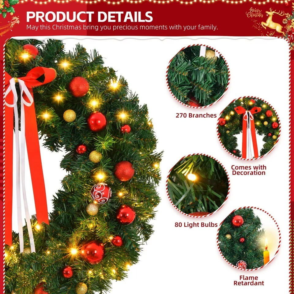 36&#x22; Battery Operated Artificial Pre-Lit Fir PVC Christmas Wreath Holiday Xmas