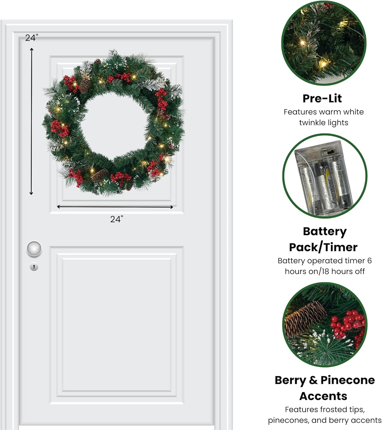 Prelit 24&#x22; Christmas Wreath, Christmas Decor, Christmas Door Wreath with Lights, Lighted Pine Christmas Wreath, Flocked Tips Pine Red Berry Wreath with Lights, Battery Timer, Holiday D&#xE9;cor Visit the Sullivans Store