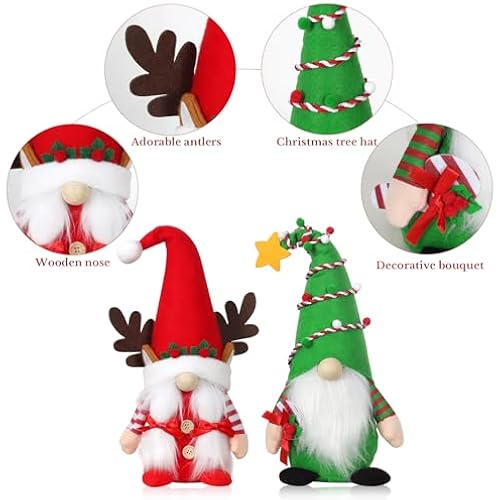2 Pack Gnomes Christmas Decorations 15 Inch Plush Swedish Tomte Xmas Gnome Red Green Figurines Elf Santa Collectible Dolls Christmas Ornaments Holiday Indoor Home Tabletop Decorations Gifts