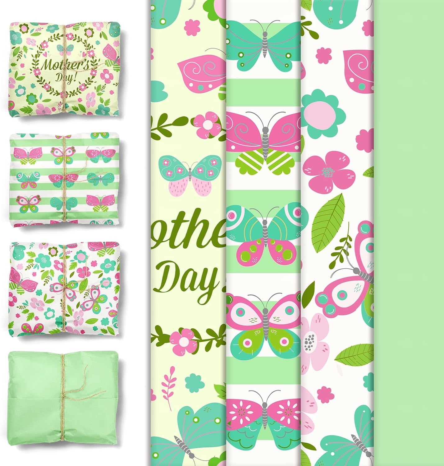 Mother&#x27;S Day Tissue Wrapping Paper, 24 Sheets Green Art Tissue Paper for Moms Birthday Gift Packing, Cute Butterfly Flower Gift Wrap Paper, 15 X 20 Inches