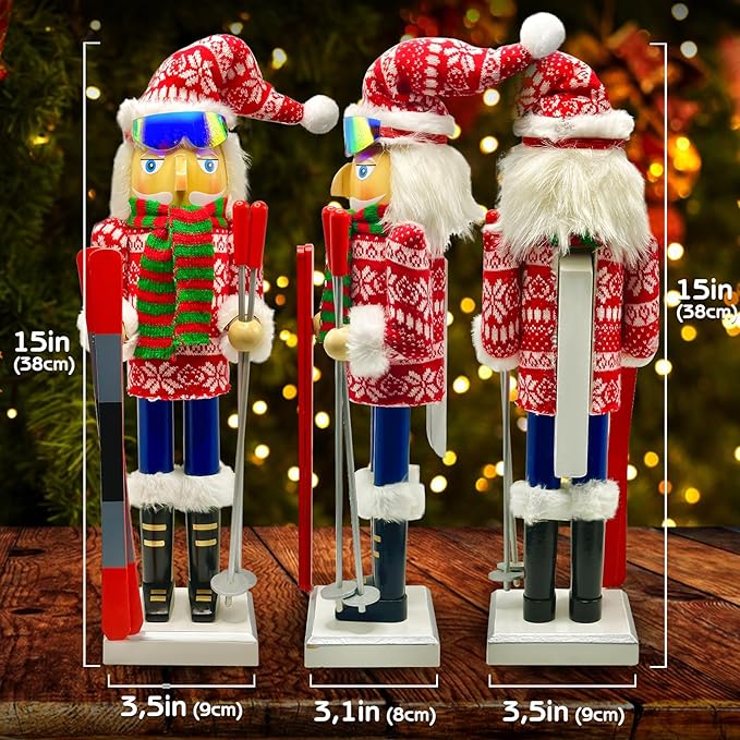 Christmas Nutcracker D&#xE9;cor Figures, 15 inches Skier Wooden Nutcracker Ornaments with Skis and Ski Poles for Kitchen Shelves Tabletop Festival Decorations Gift