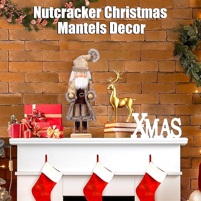 Santa Christmas Nutcracker Figures Decor 15 Inch, Christmas Wooden Xmas Nutcracker Santa Nutcracker Ornaments, Festive Christmas Decorations for Shelves and Tables
