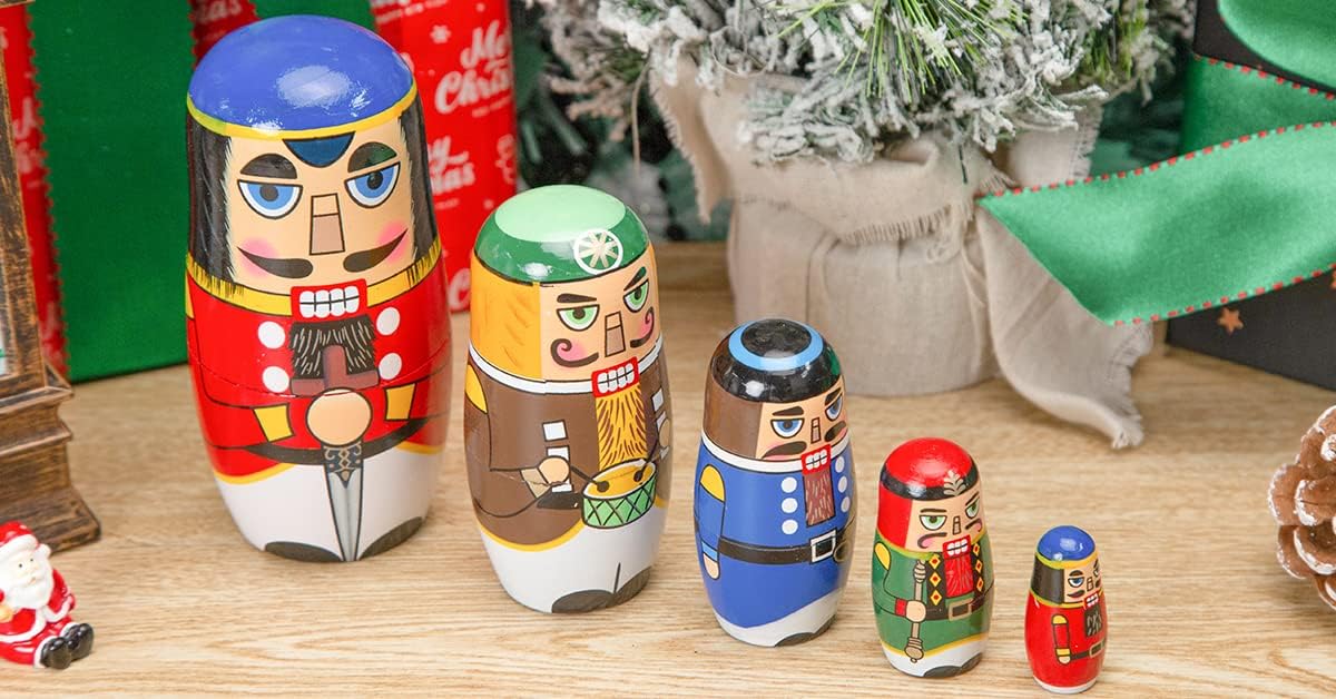 Nutcracker Nesting Doll, 5Pcs Russian Matryoshka Dolls Christmas Nutcracker Figures Handmade Wooden Nutcracker Set