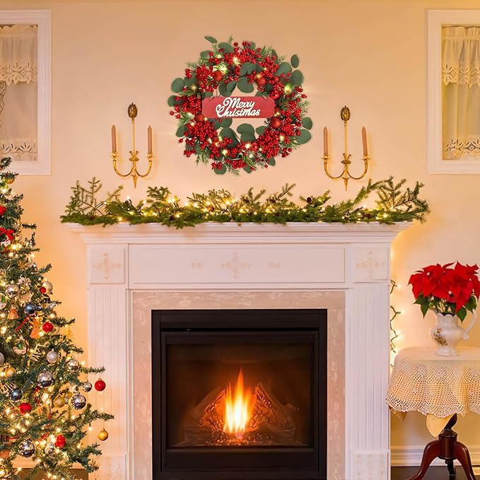 Christmas Wreath with Lights, 20inch Pre Lit Winter Wreath for Front Door, Artificial Door Wreaths with Berries Pine Needles 8 Lighting Modes Timer for Fireplace Window Farmhouse Xmas Decor