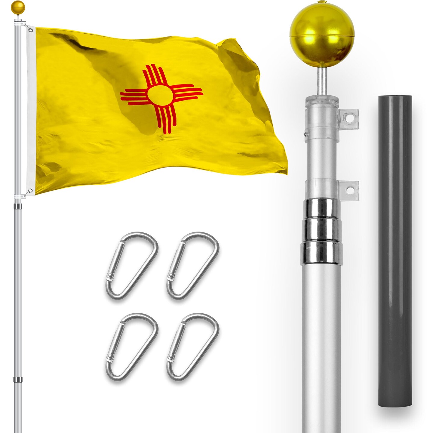 G128 Combo Pack: 16 Ft Telescoping Aluminum Flagpole (Silver) &#x26; New Mexico NM State Flag 3x5 Ft, StormFlyer Series Embroidered 220GSM Spun Polyester | Pole with Flag Included