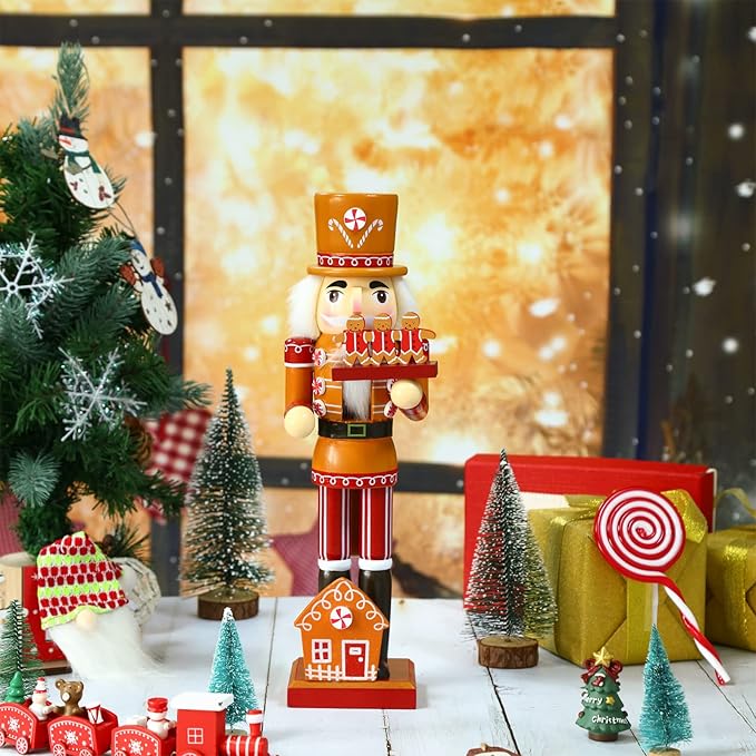 Christmas Wooden Nutcracker 15 Inch Traditional Christmas Nutcracker Decor Festive Christmas Decor for Christmas Party Shelves and Tables (Gingerbread Style)