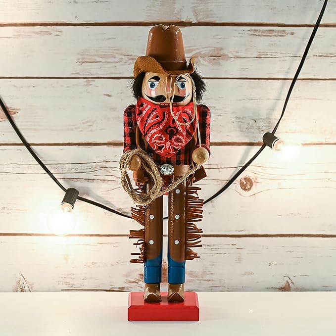 Christmas Western Cowboy Nutcracker &#x2013; Brown and Red Wooden Nutcrackers Cow Boy with a Rope and Lasso Xmas Themed Holiday Nut Cracker Doll Figure Decorations 14&#x22;