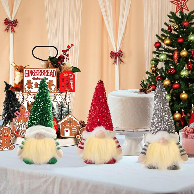 3PCS Gnome Christmas Decorations -12 Inch Light Up Christmas Gnomes Plush Doll Ornaments Glitter Sequins Swedish Hat Leprechaun Dwarf Gift Home Table Decor