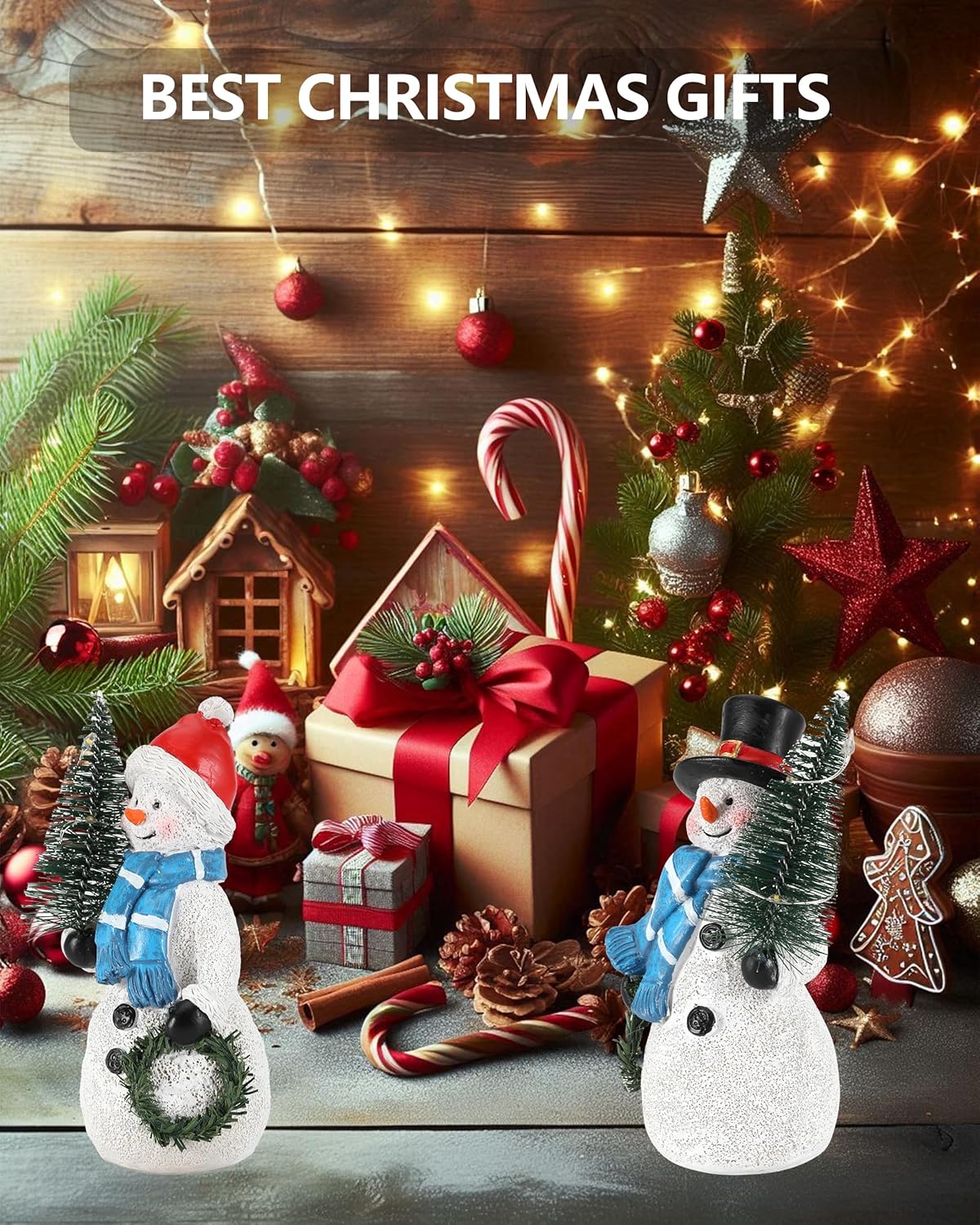 Resin Snowman Figurines with Lighted Christmas Tree Wreath