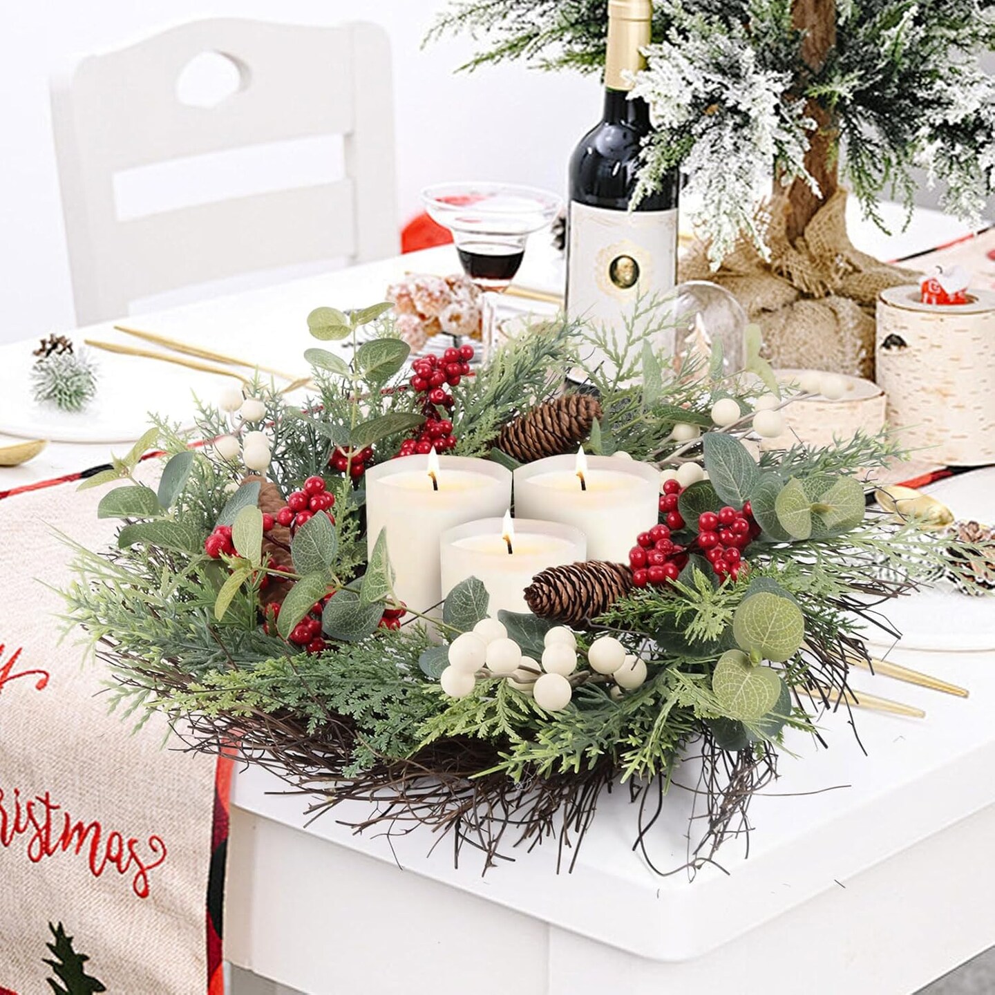 Christmas Decor Winter Wreath with Red White Berry Pine Cone Eucalyptus