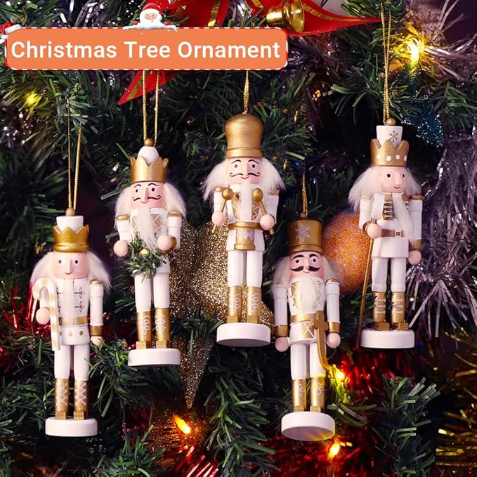 5 PCS Christmas Nutcracker Ornament Set, Nutcracker Figures with Opening Mouths Christmas Decorations for Xmas Tree, Table Decor (White Gold, 5.3&#x27;&#x27;, Set of 5pcs)