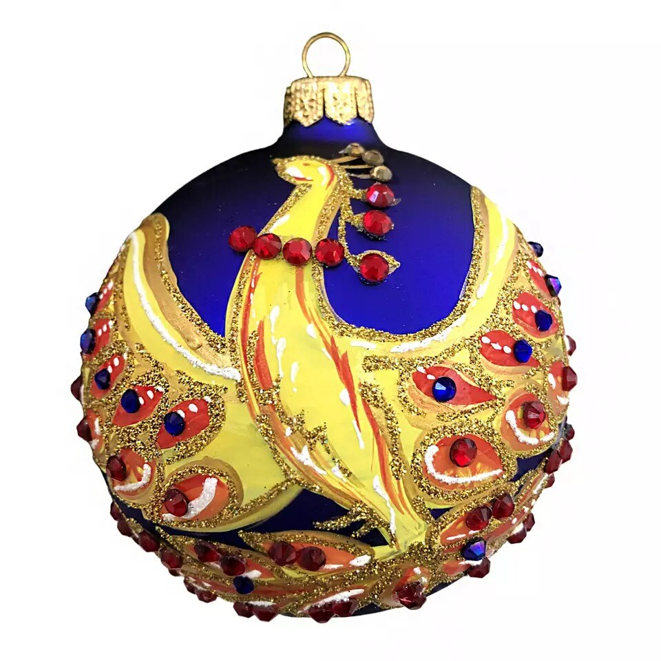 Firebird / Butterfly Ukrainian Christmas Glass Ball Ornament Set of 2 Baubles 4&#x22;