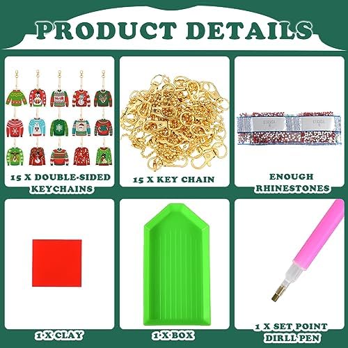 15 Pcs Christmas Ugly Sweater Diamond Painting Keychain 5d Double Sided Full Diamond Key Rings Diamond Painting Kits for Winter Christmas Hanging Ornaments for Crafts DIY Home Decor
