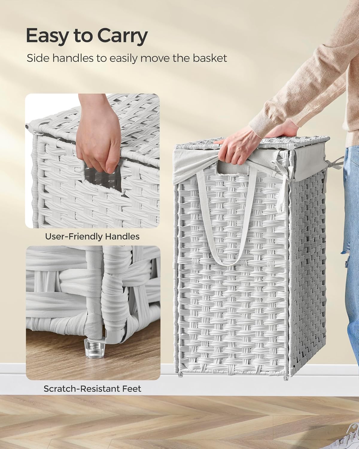 Laundry Hamper with Lid, 23.8 Gallon (90 L) Synthetic Rattan Clothes Laundry Basket with Lid and Handles, Foldable, Removable Liner