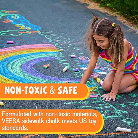 VEESA Sidewalk Chalk, 10 Colors in 52 Pcs, 4” x 1” - Washable Jumbo Driveway Chalk Bulk for kids Adults, Draw on Chalkboard, Blackboard and Outdoor Playground