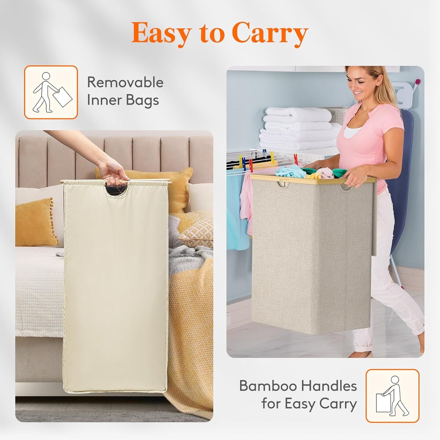 Double Laundry Hamper with Lid, Extra Large Bamboo Laundry Basket Dirty Clothes Hamper, 2 Section Laundry Bin Organizer for Laundry Room Bedroom