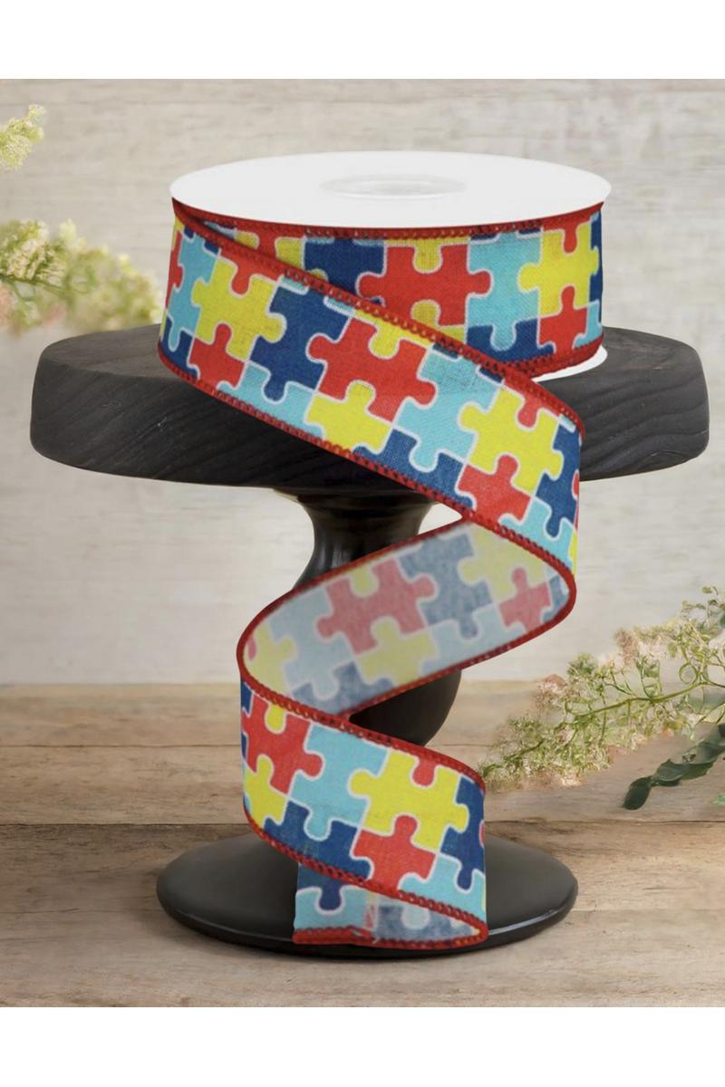 1.5&#x22; Puzzle Piece Ribbon on Royal: Autism Awareness (10 Yards)