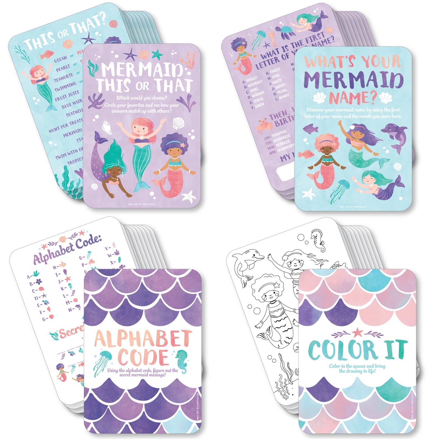Big Dot of Happiness Mermaid Party Games Bundle Pack, Birthday Party Activities &#x26; Games for Girls, Mermaid Coloring Activity, 4 Games for 10 Guests