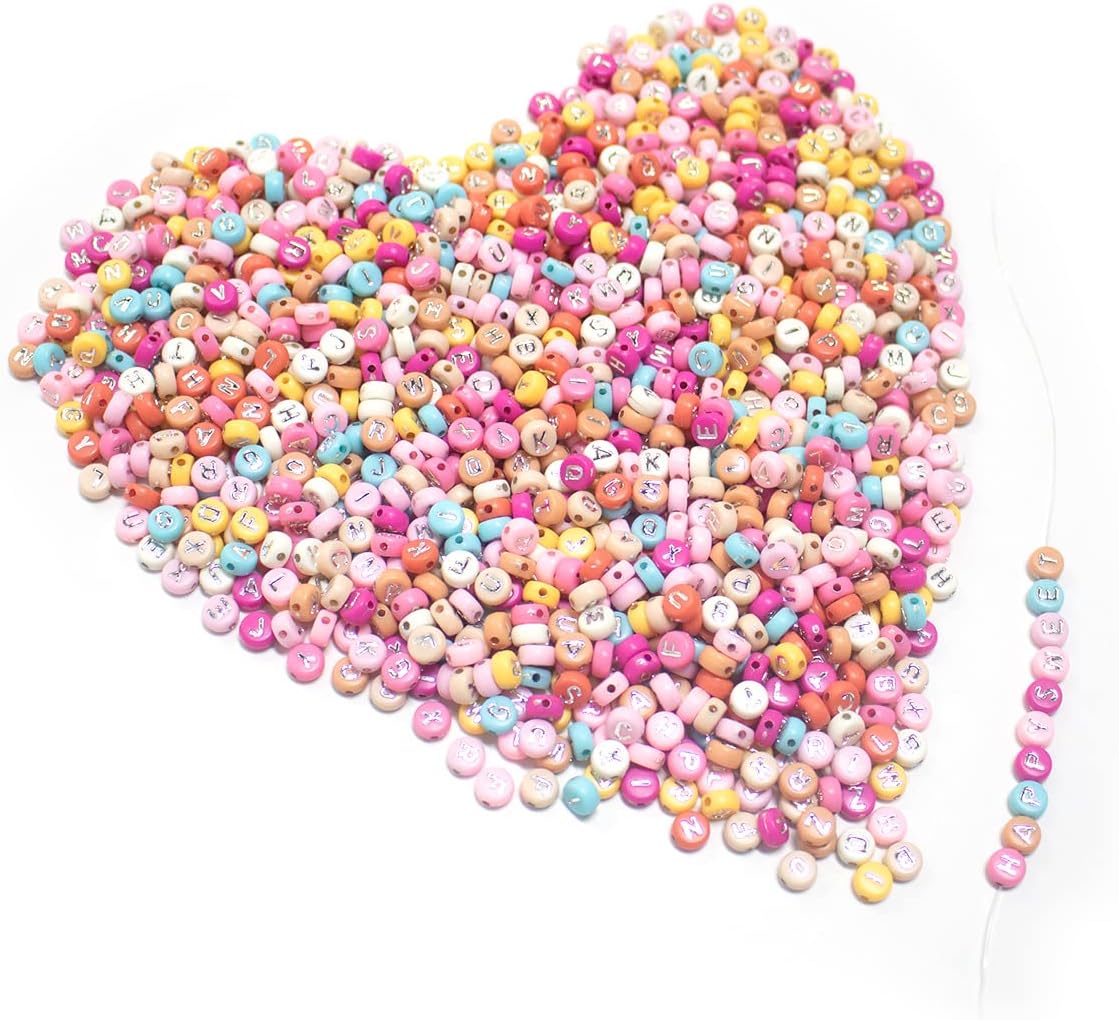 1200pcs Acrylic Colorfull Letter Beads for Jewelry Making Alphabet Beads with Elastic String Bead Cord 7x4mm A-Z Silver Letter Beads for DIY Necklace Friendship Bracelet Making