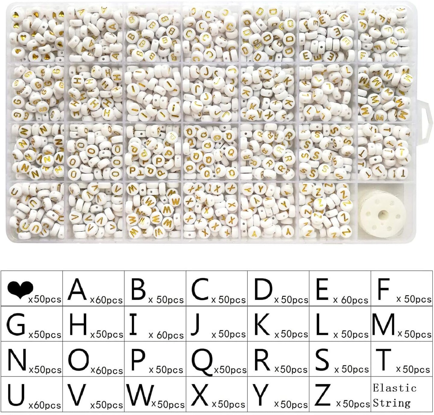 1400pcs Letter Beads A-Z 4x7mm White On Gold Round Acrylic Alphabet Heart Beads and Beading Cord for Jewelry Making Bracelets Necklaces Key Chains
