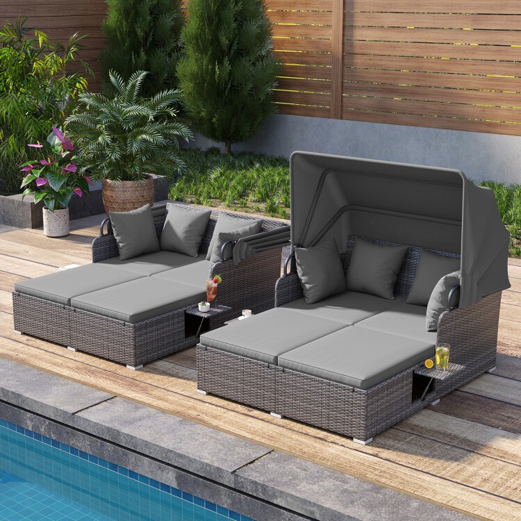 Outdoor Rattan Daybed With Canopy PE Wicker Patio Lounge Sofa Set With Cushions Poolside Garden Double Sun Bed Furniture